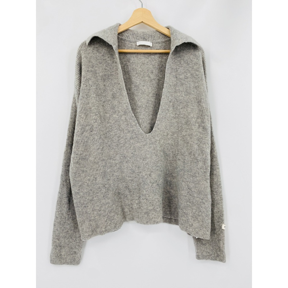 An Action A Day pure wool ribbed deep v-neck relaxed sweater gray